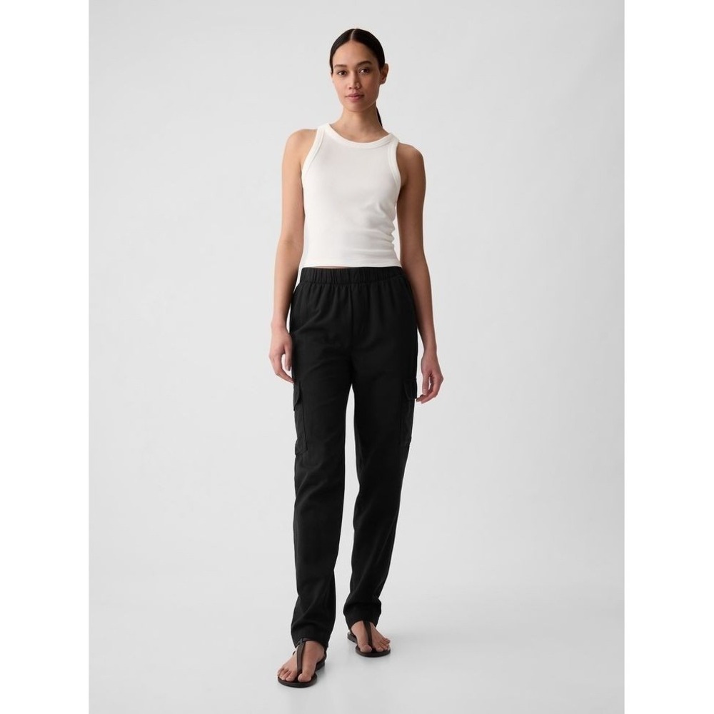 New Gap Cargo Pants Large Cotton Blend Pull On Pockets Black Elastic Waist NWT